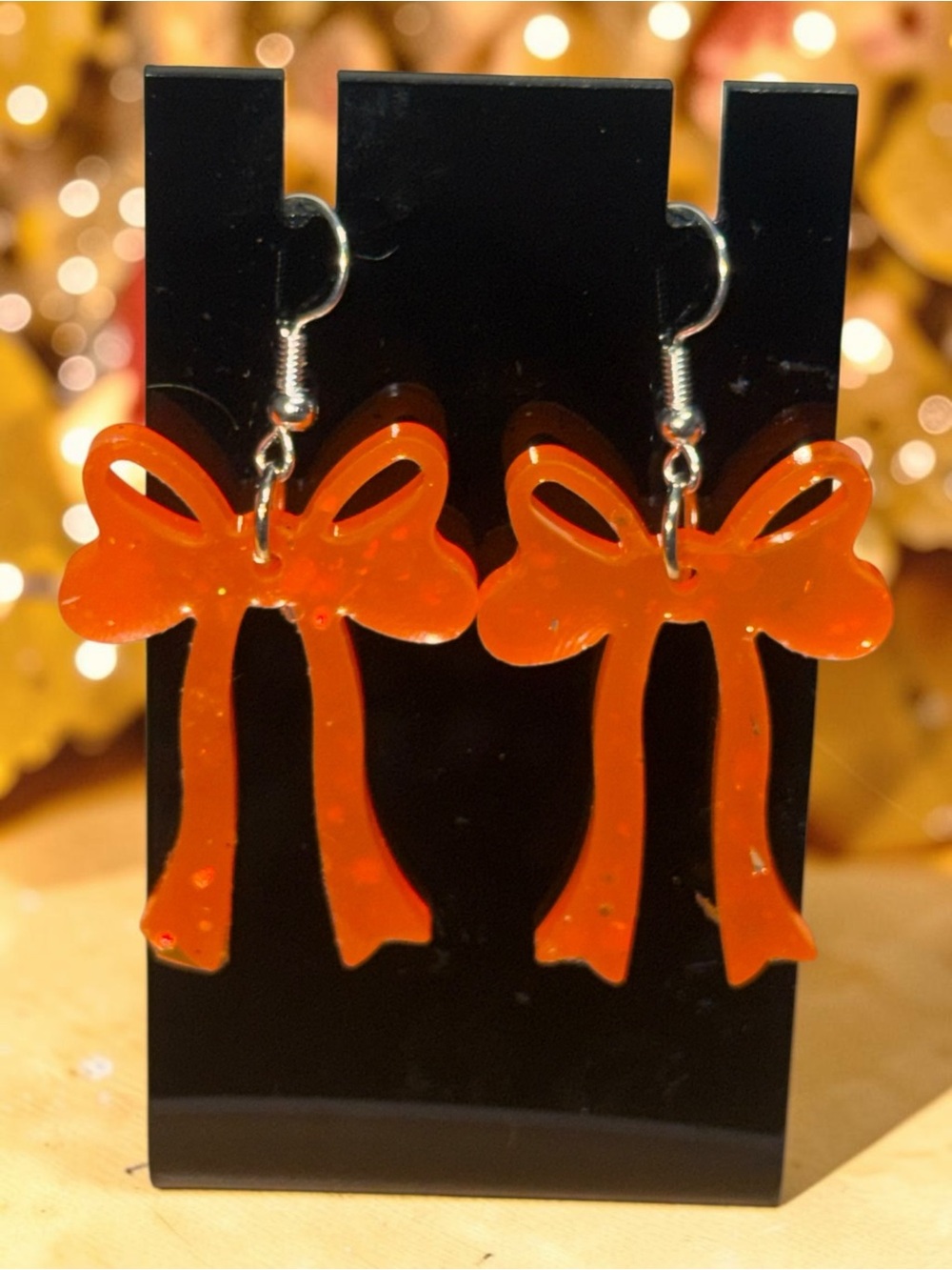 Handmade Orange Glitter Bow Resin Dangle Earrings